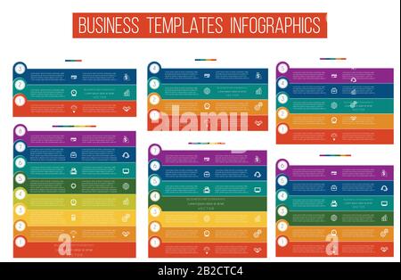 Processus métier ou flux de travail Infograph, séquences numérotées 3 4 5 6 7 8 Positions. Ensemble de modèles Infograpchics. Illustration de Vecteur