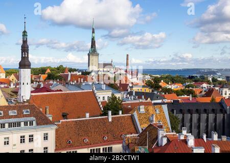 Vue aérienne de la vieille ville de Tallinn depuis la tour de l'hôtel de ville, avec l'église luthérienne Saint-Esprit, l'église Saint-Olaf, le port et la mer Baltique Banque D'Images