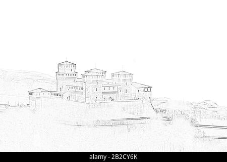 Château de Torrechiara près de Parme, en Italie, le jour de la brume et de la pluie. Illustration, dessin manuel Banque D'Images