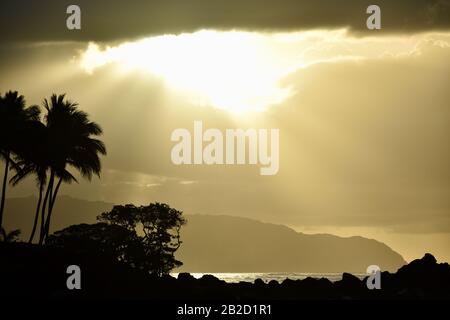 Coucher de soleil spectaculaire, avec nuages perçant les rayons du soleil, palmiers silhouettés sur la rive côtière sur la rive nord d'Oahu, Haleiwa, Hawaï, États-Unis Banque D'Images