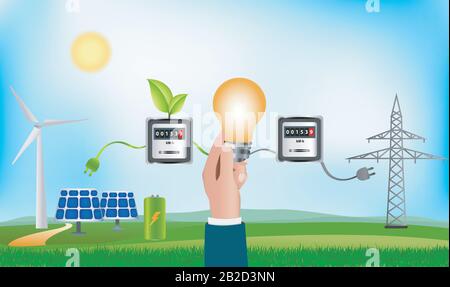 Énergie renouvelable Prosumer. Partage économique de l'énergie produite de soi. Maison écologique. Photovoltaïque. Investissement pour l'énergie durable et verte Illustration de Vecteur