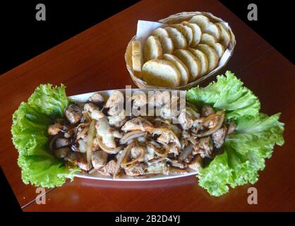 Portion de poulet avec fromage et oignon et pain. Plat de restaurant brésilien. Photo isolée sur fond noir. Banque D'Images