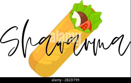 Shawarma Fast food rouleau de viande avec inscription en lettres. Repas de kebab de doner à l'est arabe. Illustration vectorielle plate de shaurma ou burrito Illustration de Vecteur