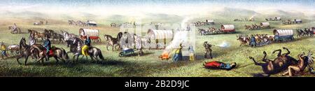 Attaque indienne sur un train de wagon Banque D'Images