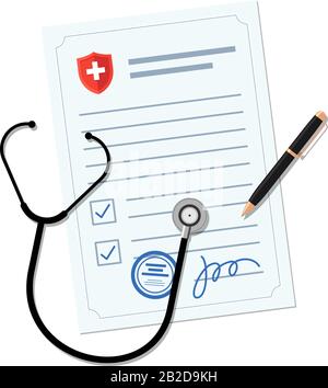 Document blanc médical avec stéthoscope et stylo. Formulaire de prescription de diagnostic de médecin ou assurance maladie. Illustration vectorielle du concept de santé Illustration de Vecteur