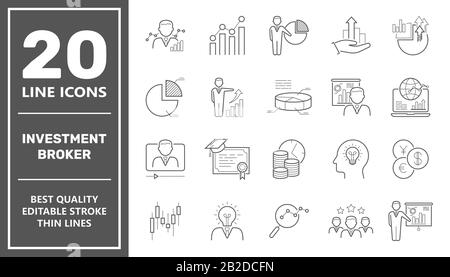 Ensemble vectoriel d'icônes linéaires liées au courtier en investissement, au service commercial, à la stratégie d'investissement et à la gestion. Pictogrammes et infographies sur une seule ligne Illustration de Vecteur