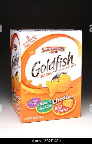 Irvine, CA - 21 janvier 2013 : boîte de 58 onces de biscuits à grignoter à la ferme de Pepperidge Goldfish. À l'origine de la Suisse, des Craquelins Goldfish ont été introduits Banque D'Images