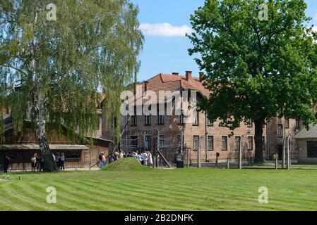 Eingangstor Stammlager, I, Konzentrationslager Auschwitz-Birkenau,, Auschwitz, Polen Banque D'Images