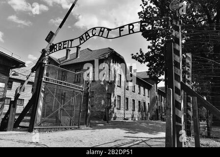 Eingangstor Stammlager, I, Konzentrationslager Auschwitz-Birkenau,, Auschwitz, Polen Banque D'Images