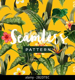 Motif tropical brillant sans coutures avec des plantes de la jungle. Arrière-plan exotique avec feuilles de palmier Illustration de Vecteur