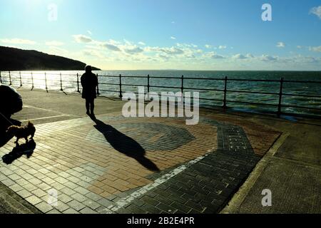 Une femme se tient seule et regarde la mer sur la promenade du front de mer à Totland Bay sur l'île de Wight Banque D'Images