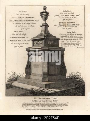 Tombe de l'artiste William Hogarth, Chiswick churchyard, Middlesex. Gravure de Copperplate par John Thomas Smith après les dessins originaux des membres de la Société des Antiquaires de son J.T. Les Antiquités de Smith à Londres et ses Environs, J. Sewell, R. Folder, J. Simco, Londres, 1791. Banque D'Images