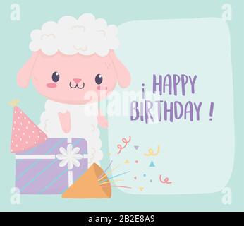 joyeux anniversaire mouton cadeau chapeau confetti fête décoration carte illustration vectorielle Illustration de Vecteur