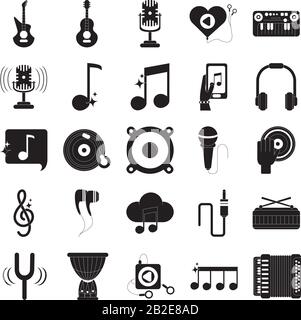 les icônes audio de la mélodie musicale définissent l'icône de style silhouette de l'illustration vectorielle Illustration de Vecteur