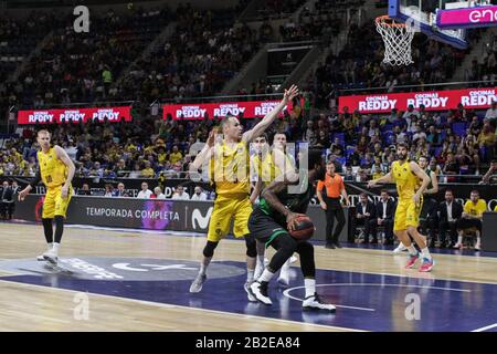 Tony Wroten (Joventut Badalona), Marcelinho Huertas (Tenerife) et Giorgi Shermadini (Tenerife) en action pendant le 22ème match de la Ligue de basket-ball Endesa ACB, célébrée au Pabellón Santiago Martín à San Cristobal de la Laguna (Tenerife - Espagne).Iberostar Tenerife gagne sur le Joventut Badalona (96). (Photo De Elena Vizzoca/Pacific Press) Crédit: Agence De Presse Du Pacifique/Alay Live News Banque D'Images