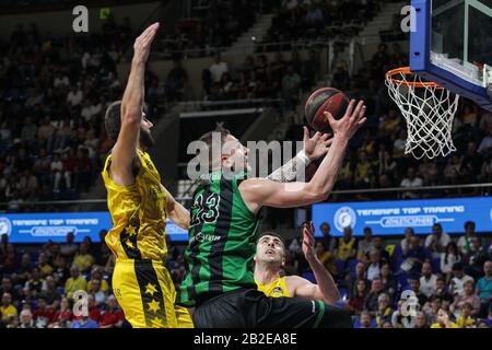 Alan Omic (Joventut Badalona), Dani Diez (Tenerife) et Giorgi Shermadini (Tenerife) en action pendant le 22ème match de la Ligue de basket-ball Endesa ACB, célébrée au Pabellón Santiago Martín à San Cristobal de la Laguna (Tenerife - Espagne).Iberostar Tenerife gagne sur le Joventut Badalona (96 - 90). (Photo De Elena Vizzoca/Pacific Press) Crédit: Agence De Presse Du Pacifique/Alay Live News Banque D'Images