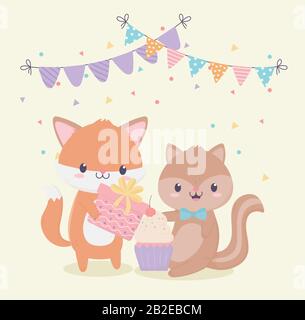 joyeux anniversaire renard écureuil cadeau cupcake banting drapeaux célébration décoration carte illustration vectorielle Illustration de Vecteur