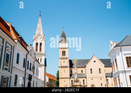 Église Franciscaine et cathédrale Saint-Michael et colonne Sainte-Trinité dans le quartier du château de Veszprem, Hongrie Banque D'Images