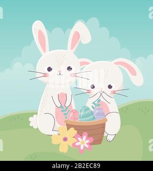 joyeuses pâques, lapins nasket avec des œufs décoratifs fleurs herbe illustration vectorielle Illustration de Vecteur