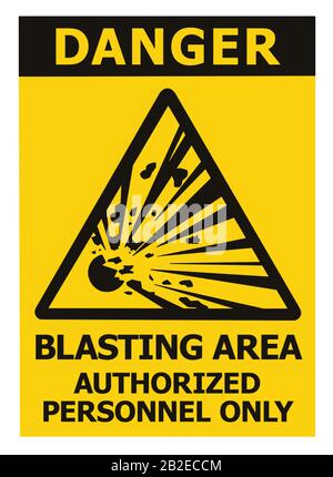 Danger, zone de sautage, personnel autorisé uniquement texte danger zone de risque avertissement avertissement, icône explosion signalisation étiquette étiquette jaune triangle isolé Banque D'Images