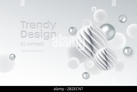 Arrière-plan abstrait avec sphères réalistes en relief blanc et argent. Motif bannière ou affiche moderne et tendance. Illustration vectorielle Illustration de Vecteur