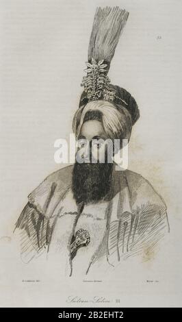 Selim III (1761-1808). Sultán del Imperio Otomano entre 1789 et 1807. Grabado por Lemaitre, H. Lalaisse y Moret. Historia de Turquía, por Joseph Marie Jouannin (1783-1844) et Jules Van Gaver. Panorama universel, edición española de 1840. Banque D'Images