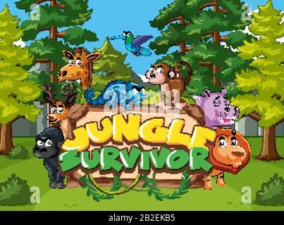 Police design pour le survivant de la jungle avec des animaux dans l'illustration de la jungle Illustration de Vecteur