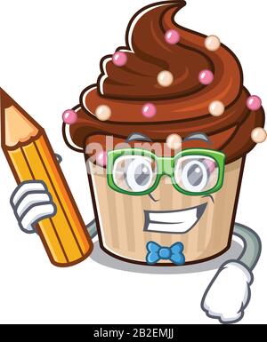 Un élégant personnage de cupcake au chocolat étudiant tenant le crayon Illustration de Vecteur