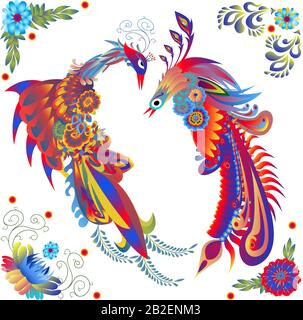 Fleurs et oiseaux dans le style de peinture ukrainien. Vecteur isolé sur fond blanc Illustration de Vecteur