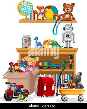 Tablette et boîte pleine de jouets sur fond blanc illustration Illustration de Vecteur