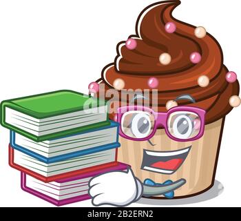 mascotte dessin animé de cupcake au chocolat étudiant avec livre Illustration de Vecteur