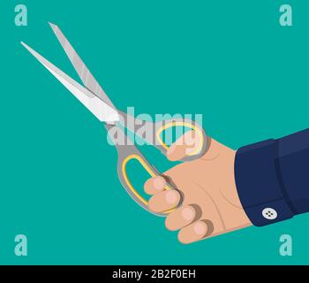 Ciseaux avec poignées en plastique grises à la main. Illustration de Vecteur