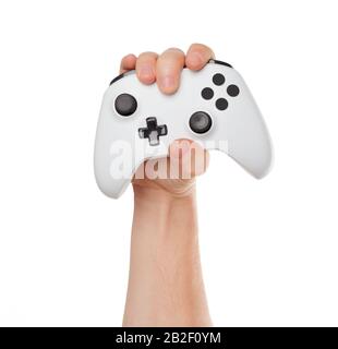 Console de jeux vidéo contrôleur dans les mains de joueur isolé sur fond blanc
