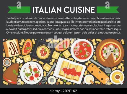 Cuisine italienne, bannière de cuisine italienne, pizza et pâtes Illustration de Vecteur