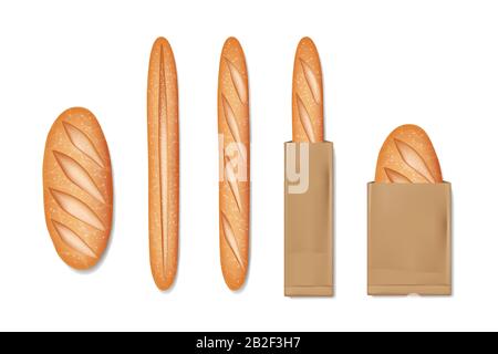 Pain de baguette français emballé. Ensemble de délicieux produits de boulangerie pour le petit déjeuner. Pain de baguette réaliste et pain de pain isolé. Illustration vectorielle Illustration de Vecteur