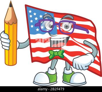Une icône mascotte de l'étudiant USA drapeau personnage tenant crayon Illustration de Vecteur