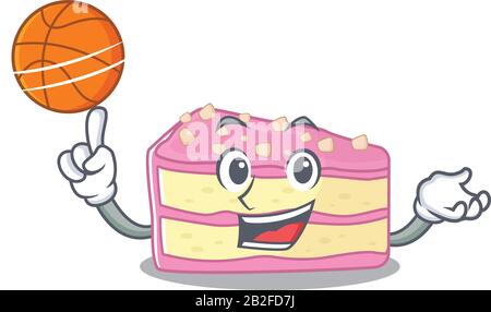 Une photo de mascotte de gâteau de fraise dessin animé personnage jouant au basket-ball Illustration de Vecteur