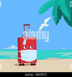 Concept de protection contre les virus de voyage. Une valise avec un masque de protection sur son visage contre un paysage tropical. Mer, palmier, sable, mouette, turquoise Illustration de Vecteur