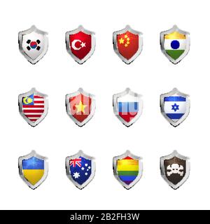 Grand ensemble de drapeaux des États souverains projetés comme un écran brillant sur fond blanc Illustration de Vecteur