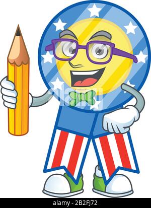 Une icône mascotte de l'élève des USA médaillé de personnage tenant crayon Illustration de Vecteur