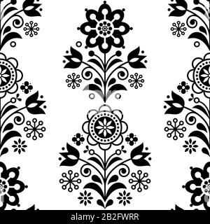 Motif vectoriel d'art folklorique sans coutures scandinave, motif fleuri noir et blanc répétitif, ornement nordique avec fleurs Illustration de Vecteur