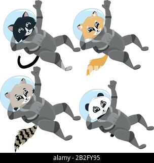 Astronautes : chat, renard, raton laveur, panda. Motif carte postale, vacances, imprimé. Illustration pour enfants. Illustration de Vecteur