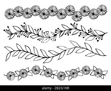 Bordures linéaires vectorielles florales. Jeu de lignes de fleurs dessinées hend Illustration de Vecteur