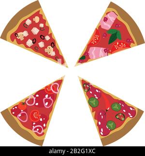 Jeu de quatre morceaux de pizza. Différents goûts de pizza. Menu, recette, design de café. Illustration de Vecteur