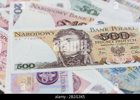 Jeu de vieux billets de zloty retirés de la République Populaire de Pologne, argent historique non utilisé Banque D'Images