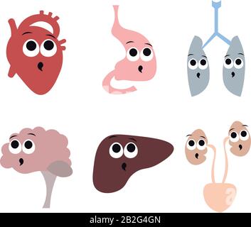 Organes du corps humain dans le style de dessin animé. Coeur, cerveau, système respiratoire, système digestif, système excrétoire. Surprise, diagnostic du dis Illustration de Vecteur