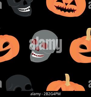 Motif Halloween vectoriel. Crâne, citrouille sur fond noir. Design de fête, vacances, cadeau, carte de vœux, invitation. Illustration de Vecteur