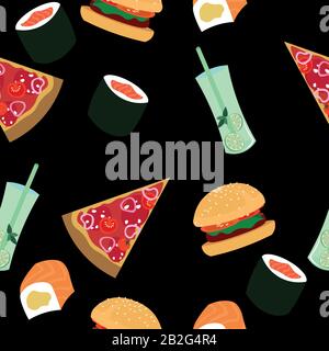 Modèle vectoriel Fast food. Hamburgers, pizza, sushi, boissons. Design de menu, café, prospectus, invitations. Illustration de Vecteur