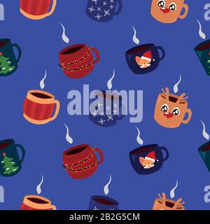 Motif festif. Noël, Nouvel An. Mignons mugs, boissons chaudes. Présente. Illustration de Vecteur