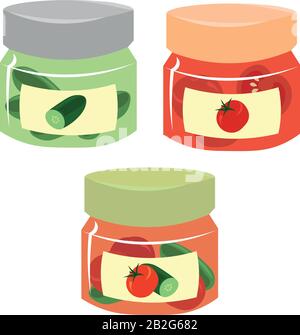 Jeu de cornichons de légumes. Concombres huilés, tomates en pots de verre. Mise En Conserve. Illustration de Vecteur